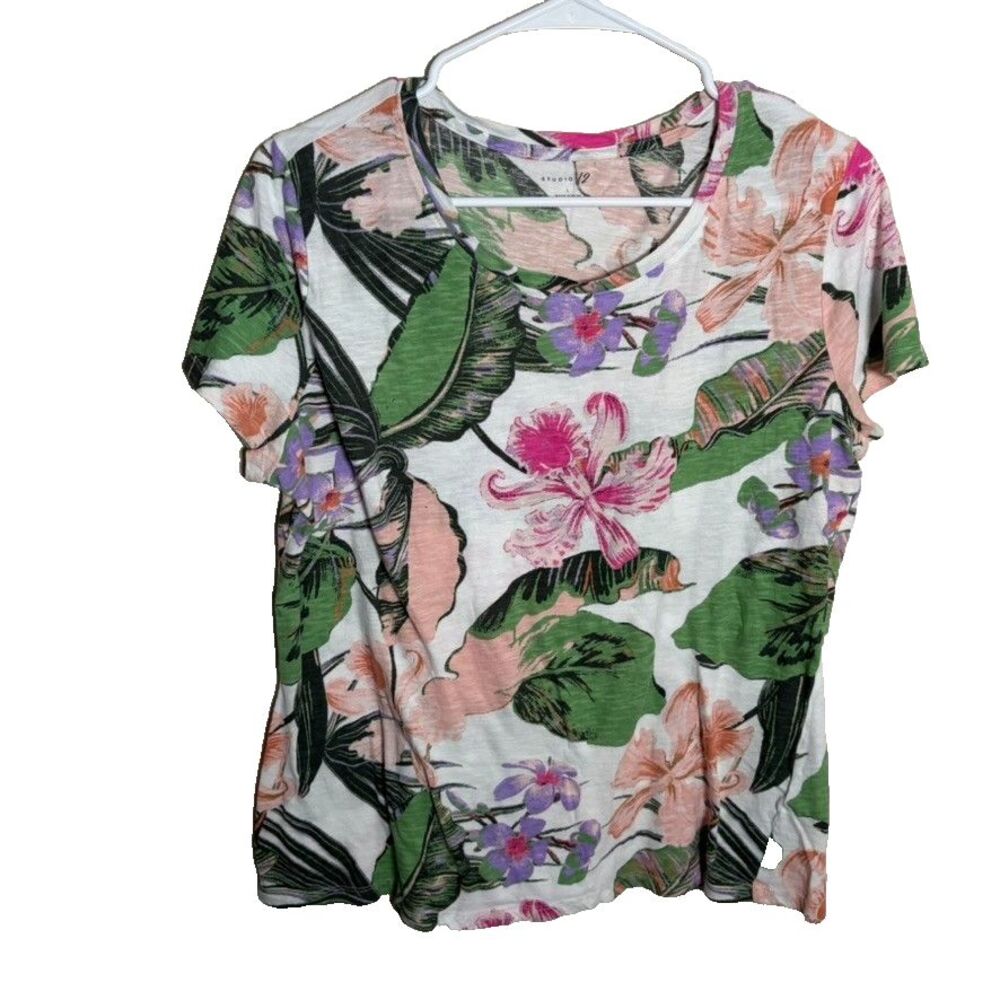 Studio 12 T-Shirt Women's Large Floral Round Neck Colorful Short Sleeve Top